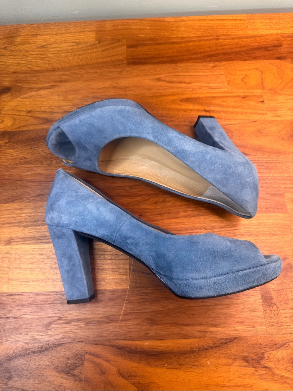 Audley Spain Slate Blue Suede Peep Toe Platform Block Heel Pumps EU 39